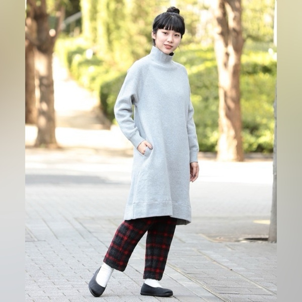 Beams Boy Japan Terry Fleece Ribbed Turtleneck Sweatshirt Dress Gray One Size